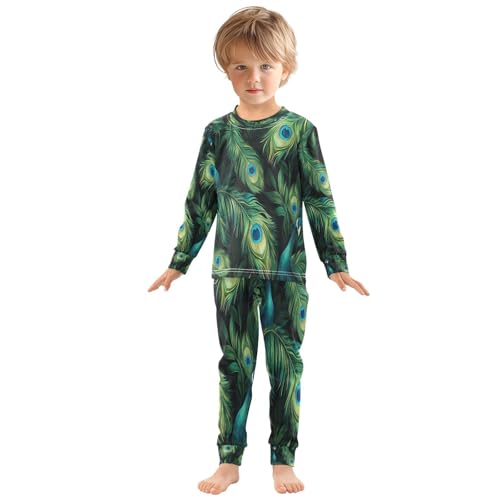 Pajama Sets Long Sleeve Watercolor Green Peacock Feathers Soft Comfy Sleepwear 2 Piece PJS 3-8T2