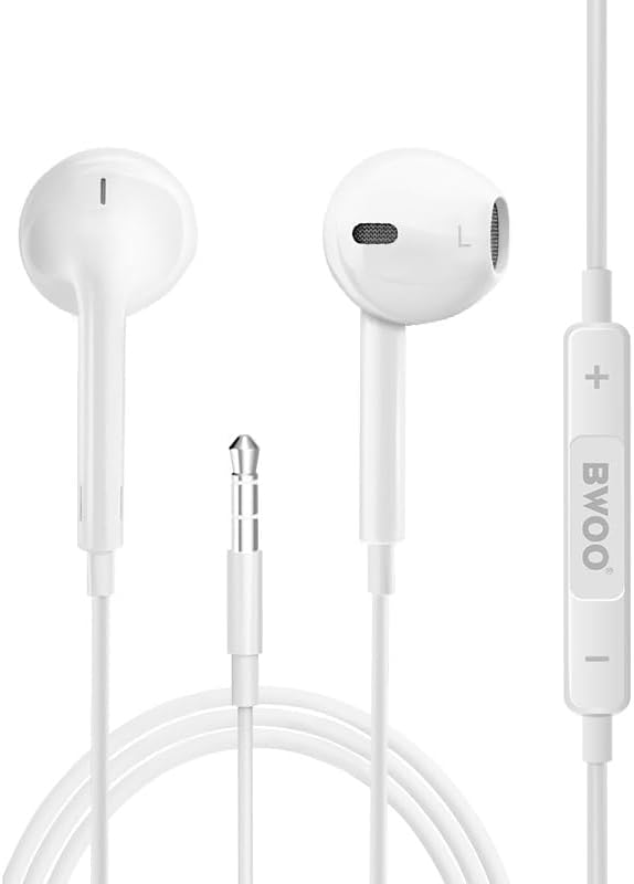 White 3.5mm jack headphones with BWOO branding