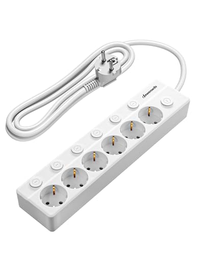 DEWENWILS Regleta Enchufe Conmutable Individualmente, 6 Puertos de CA con Protección contra Sobrecargas, Montaje en Pared, Cable de 2 Metros, 3680W/16A, Cerraduras para Niños, Girado 45°, Blanco
