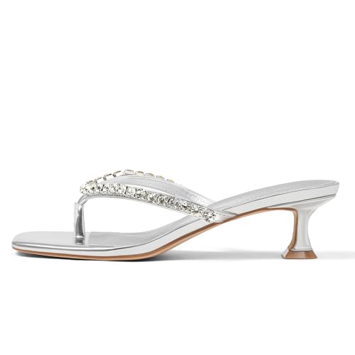 Image of Eteridrey Rhinestone Flip Flop Heels Women Square Toe Kitten Heel Summer
