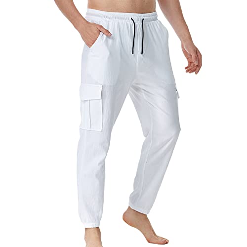 Classic Trousers Men Solid Color Casual Drawstring Elastic Adjustable Waist Cuffs Multi-Pocket Trousers Sweatpants