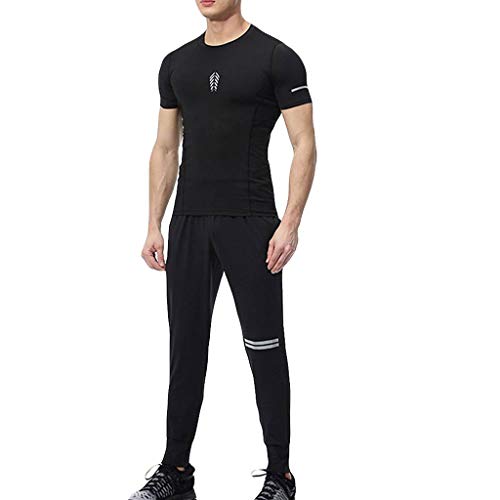 Rikay Mens Athletic Fitness Compression Tights Quick Drying Shirt + Pants Sets Running Sportswear Plus Size S-3XL Black