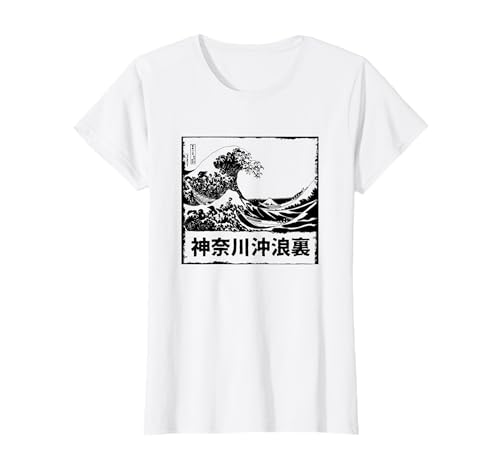 Diseños japoneses de la historia al pop - La gran ola de Kanagawa - Ukiyo-e japonés Camiseta Unisex Anime Manga Fans S Manga Corta T-Shirt Blanco S