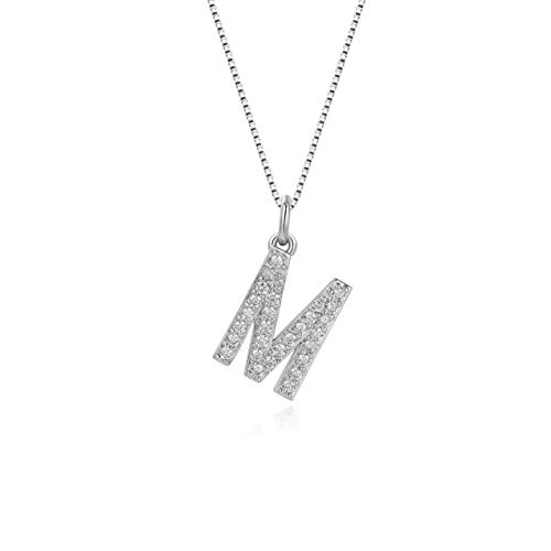 925 Sterling Silver Chain Letter Necklaces for Women |Cubic Zirconia 14K White Gold Plated Initial Necklace for Women Men Girls Gifts(M)
