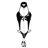 Fangvvi Damen Glänzend Bodysuit Catsuit Trikot aus Leder mit High Cut String Hotpants Reißverschluss Frauen Lingerie Tief V-Ausschnitt Metallic Jumpsuit Set Babydoll Latex Sissy, Schwarz, S