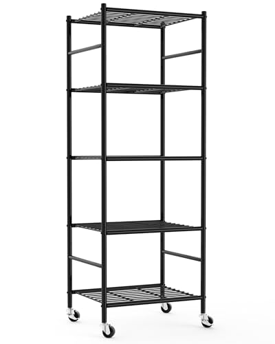 Image of Sakugi 5-Tier Storage Shelves 18.1x12.6x58.7 Black with Wheels | Kitchen, Closet, Pantry, Garage, Heavy Duty, Adjustable Feet, Metal Construction