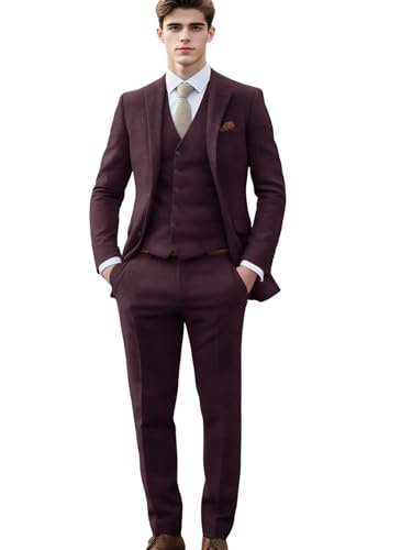 VENNYNG Men's Slim Fit Herringbone Tweed Suits Vest Blazer Pant Set Vintage Winter Wedding Groom Outfit