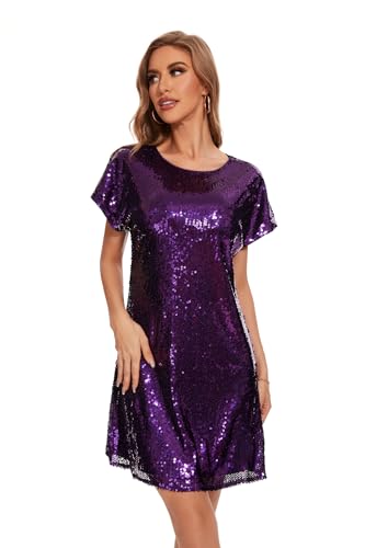 Image of Women's Crewneck Sequin Shift Dress Short Sleeve Casual Holiday Sparkly Party Dress