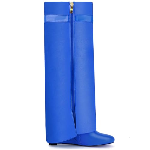 Image of Fold Over Boots for Women Pointy Pull-on Wedge Heel Knee Shark Boot With Side Zipper Padlock Design