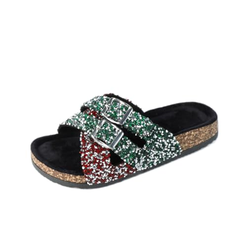2025 Autumn/Winter Glitter Double Buckle Sandals Cork Footbed Slides Green and Red Crystal Design