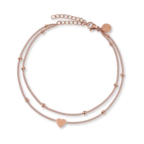 GD GOOD.designs Fußkettchen für Frauen I Wasserdichte Fußkette mit Edelstahlkugeln I Zweireihige Fußkette mit Herz Anhänger I Verstellbare Fußkette für Frauen 22 cm Edelstahl