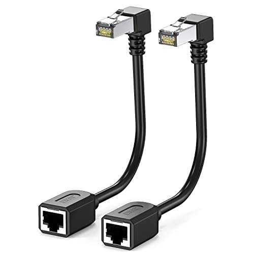 JUXINICE 2Pack Cat6 Extension Cable 90 Degree 10cm-4inch CAT 6 Ethernet Extender Right Angle RJ45 Network Patch Cord Male to Female Adapter Downward Angle