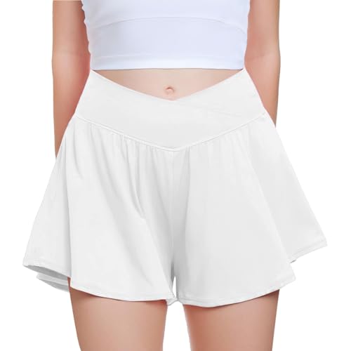 FireSwan Girls Butterfly Shorts Crossover Athletic Shorts with Pockets 2 in 1 Flowy Running Skorts for Teen, Girls, Youth 7-8 Years White