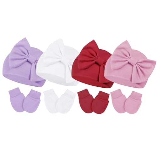 Image of Century Star Newborn Baby Girl Bow Hats Headbands and Baby Mittens Set Infant Beanie Caps for Halloween and Christmas 04Pcs White & Purple & Red & Deep Pink 3-6 Months