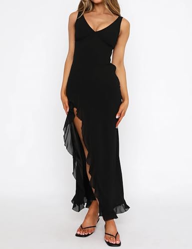 Lingswallow Women‘s Sexy V Neck Sleeveless Mesh Ruffle Hem Long Dress Bodycon Midi Elegant High Slit Cocktail Party Wedding3
