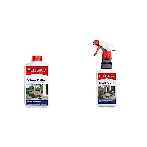 Mellerud Stein & Platten Intensivreiniger – Effizientes Reinigungsmittel zum Entfernen von Schmutz auf Allen Steinoberflächen im Außenbereich – 1 x 1 l & Rostflecken Entferner – 1 x 0,5 l