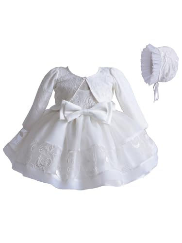 RWYBEIW Newborn Baby Girl Christening Dress White Lace Baptism Dresses Tutu Birthday Party Princess Dresses with Hat Outfits (White, 0-3 Months)