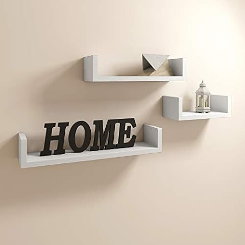 Ruication Set Of 3 Wall Shelf Different Sizes U Shaped Wooden Floating Shelf Wall Mountable Storage Racks unit for Living Room Bedroom Bathroom Kitchen Office (White) Cover