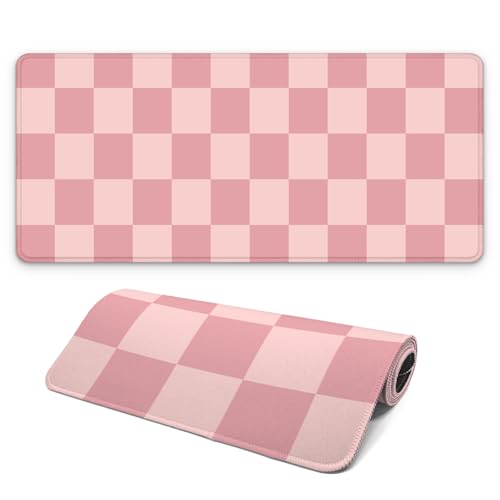 Gaming Mouse Pad with Non-Slip Base, Cute Mouse Mat with Stitched Edges for Keyboard and Mouse, Large Anime Mousepad for Computer, 31.5 x 11.8 inches (Pink Checkered)