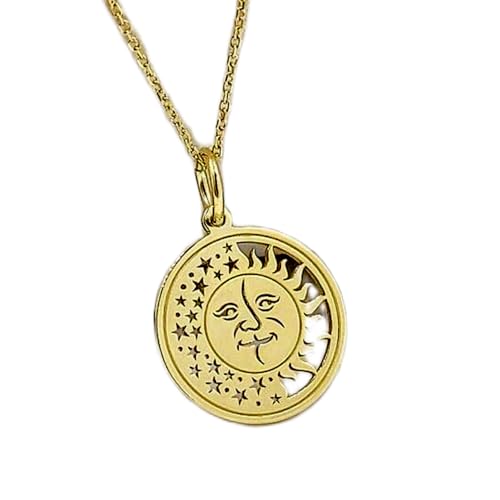 Collier pendentif soleil lune gravés 24 mm argent plaqué or idée cadeau bijou mixte
