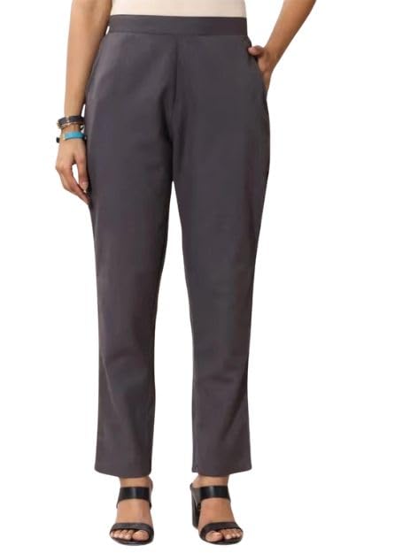 Image of D K W Women's Mid Rise Relaxed Fit Cotton Flex Trousers with Elastic Back & Drawstring - Ideal for Winter, Formal, Office & Casual Wear, Comfortable for Girls and Women
