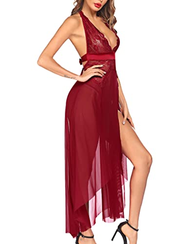 Image of SSoShHub Women Lingerie Deep V Neck Nightwear One Piece Sexy Nightgowns Mosaic Lace Mesh Dress
