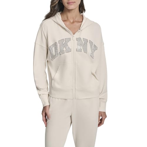 DKNY Women's Full Zip Rhinestone Varsity Logo Hoodie with Pockets,