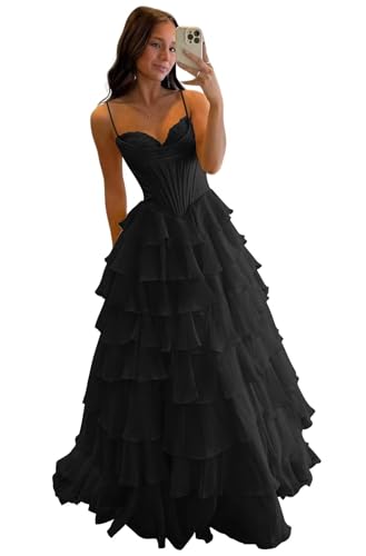 Fair Lady Chiffon Prom Dresses 2026 Tiered Black Corset Long Formal Dress for Teens Satin Ruffle...