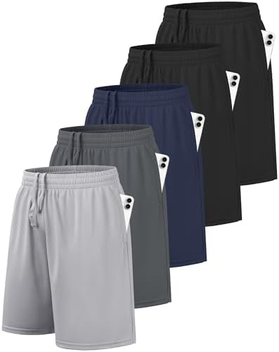 BALENNZ 5 Pack Boys Basketball Athletic Shorts Quick Dry with Pockets, L