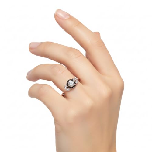 Image of Rose Gold Plated Diamond CZ & Blue Sapphire Petal Halo Engagement Ring for Women, Petite Round Shape Wedding & Everyday Jewelry, Handmade Gift for Wife US Size 4-12