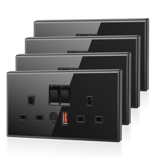 4 Pack CNBINGO USB Type C Glass Double Socket, 20W Max Fast Charging, Double Switched Socket with 20W PD USB C and A, 2 Gang Electric Power Socket, Black Wall Outlet with Tempered Glass Panel