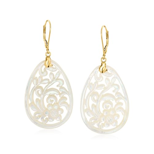 Ross-Simons Carved Mother-Of-Pearl Floral Drop Earrings With 14kt Yellow Gold