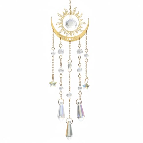 Bemonew Attrape-soleil en cristal et lune pour fenêtres à suspendre 40,1 cm carillon à vent en cristal pour décoration de maison, jardin, cour
