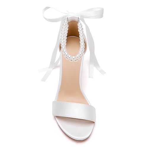 Image of Women's Open Toe Pearl Wedding Shoes for Bride High Heels Sandals Satin Bridal Block Chunky Heels Ankle Strap Prom Evening Party Pumps