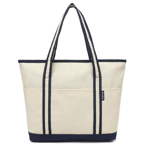 Image of Large Canvas Tote Bag for Women, Beach Bag with Zipper, Utility Tote Bag with 3 Front Pockets, Weekender Pool Bag