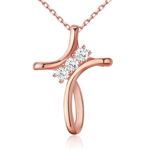 Cross Necklace for Women, 925 Sterling Silver 18K Gold Plated Diamond Necklace for Women, Cross Pendant with 3 Stone 5A Cubic Zirconia, Birthday Christmas Jewelry Gifts for Women Her, 20 Inches