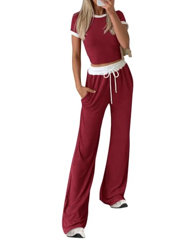 Image of BTFBM Womens 2 Piece Outfits 2025 Spring Fashion Casual Clothes Ribbed Knit Crop Top Wide Leg Pants Tracksuit Lounge Set
