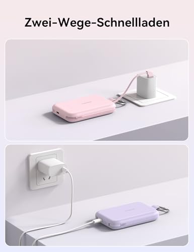 Batería externa 10000 mAh RORRY con cable integrado rosa de carga rápida PD 30W 5