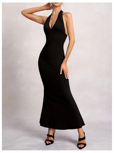 Women's Halter Deep V Neck Bodycon Dress Ruched Fishtail Backless Cocktail Maxi Dresses3