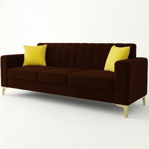 Image of FURNY Alona 3 Seater Fabric Sofa Set (Dark Brown) Premium Velvet Finish | Durable & Comfortable Ideal for Living Room, Offices