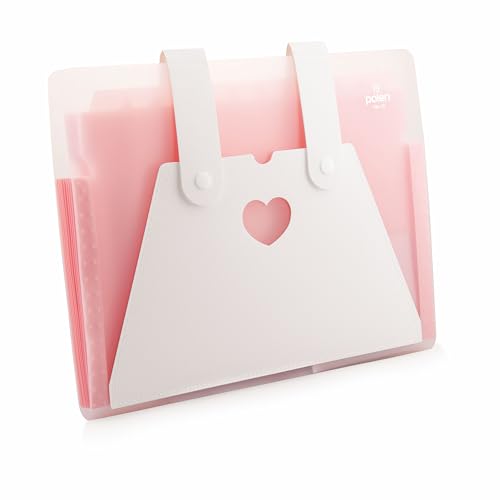 Image of Polen 13-Pocket Expanding File Folder with Handle Straps, Transparent Accordion Document Organizer with Heart-Cut Front Pocket for Certificates, Bills, Receipts & Office Documents.(Pink)