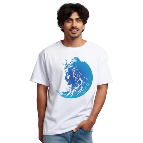 Image of prabhu bhakti Men's Oversized Lord Shiva Printed White T-Shirt | Drop Shoulder Pure Cotton Oversized Tshirt for Men