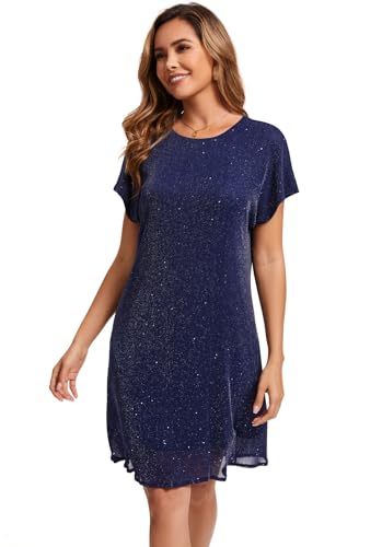 Image of Women's Crewneck Sequin Shift Dress Short Sleeve Casual Holiday Sparkly Party Dress