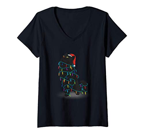Femme Santa Black Cat Tangled Up In Christmas Tree Lights Holiday T-Shirt Cover