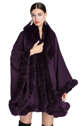 Image of Women Poncho Cape Faux Fur Collar Knitted Cardigan Sweater Batwing Long Sleeve Shawl Wrap Coat Oversized Cloak
