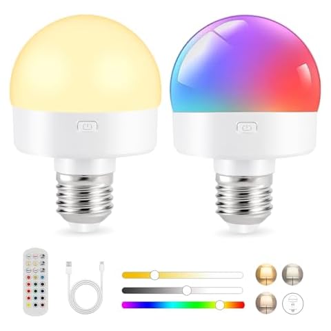 LINEWAY Rechargeable Battery Operated Light Bulb with Remote Control, E26 Detachable Dimmable Rechargeable Puck Light Bulb for Wall Sconce, 15 Colors Selectable, Non-Hardwired, 2 Pack Cover