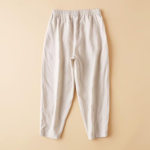 Generic Capri Pants for Women Dressy Elastic Waist Cotton Linen Lounge Pant Loose Casual Vintage Cropped Trousers with Pocket3