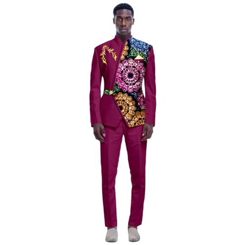 Men's 2 Piece Suit One Button Slim Fit Embroidery Print Blazer Pants Set African Clothes with Brooch