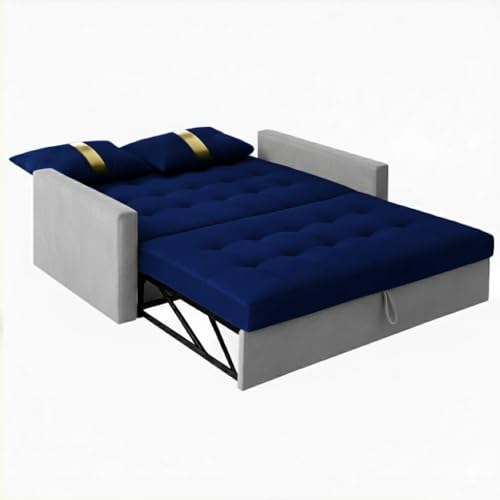 Image of FURNY Tressa 2 Seater Fabric Pull-Out Sofa Cum Bed (Light Grey-Dark Blue) Premium Velvet Finish | Durable Comfort | Ideal for Living Room