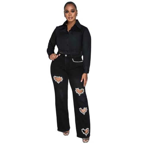 Women's Y2K High Waist Distressed Jeans, Wide Leg, Crystal Heart Details, Light Blue